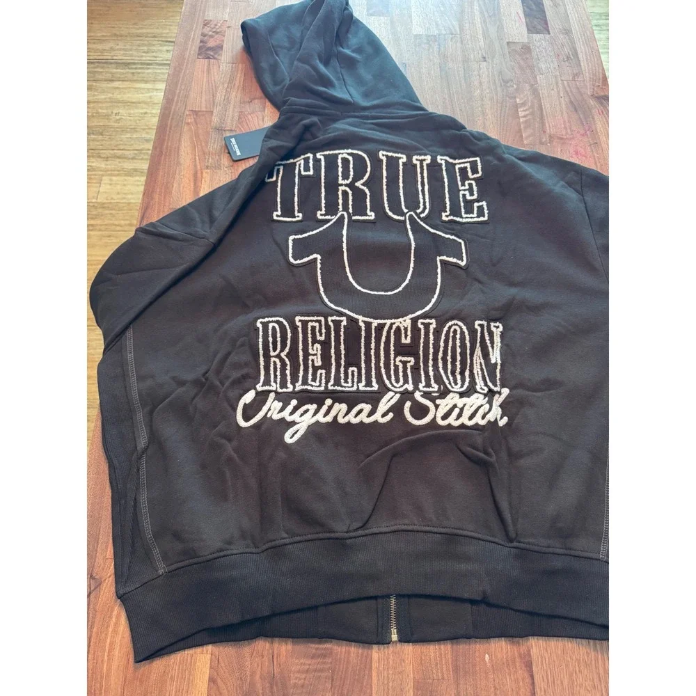 True Religion Mens Rib Stitch Dept Boxy Zip Up Hoodie Jet Black 109816 XXXL NEW